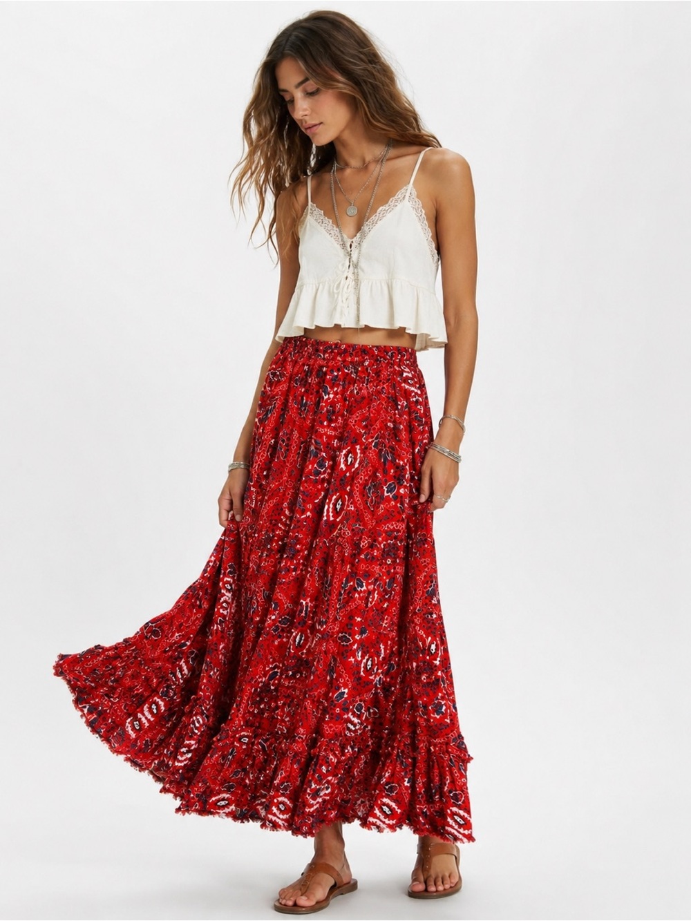 🌺 Free People One Boho Maxi Skirt Red Paisley